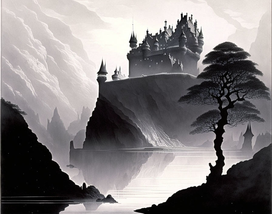 Monochrome fantasy landscape with majestic castle on cliff, reflections, ethereal clouds, and trees