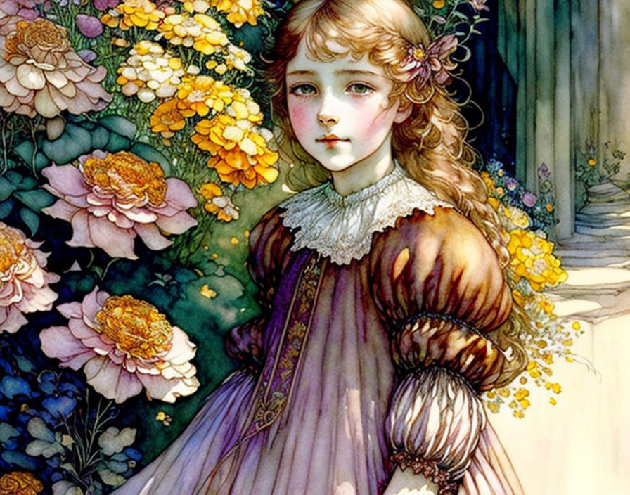 Detailed Illustration: Young Girl with Blond Hair in Purple Victorian Dress among Blooming Flowers