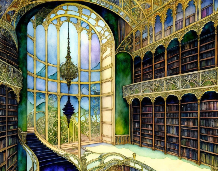 Elegant library with spiral staircase, arched windows, bookshelves, chandelier