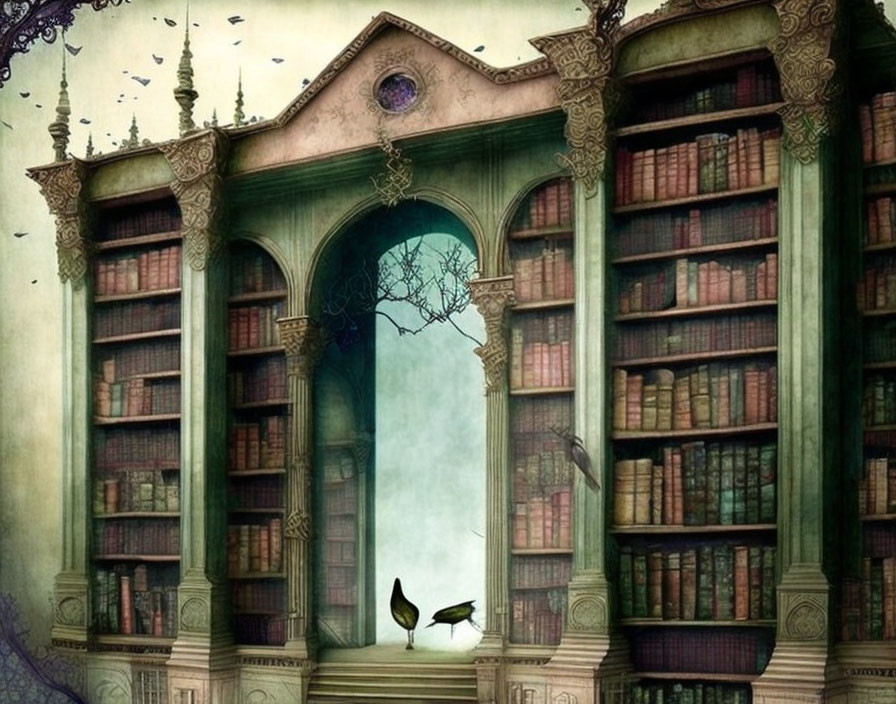 Ethereal library with towering bookshelves and a butterfly in surreal setting