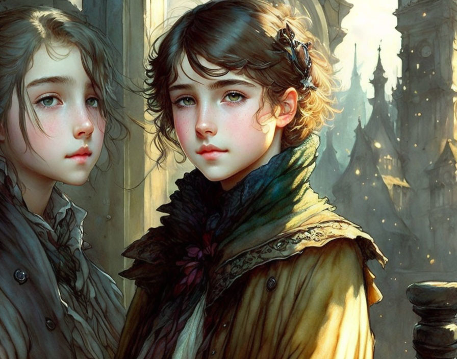 Detailed Victorian-style attire on two animated girls against gothic backdrop