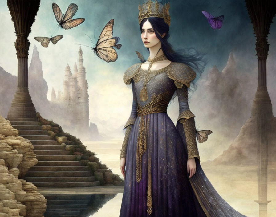 Medieval-themed portrait of a regal woman with butterflies and castle backdrop