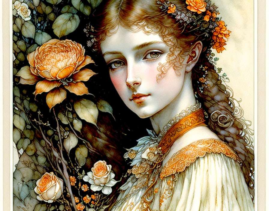 Detailed illustration of woman with orange flowers, lace collar, roses, and leaves.