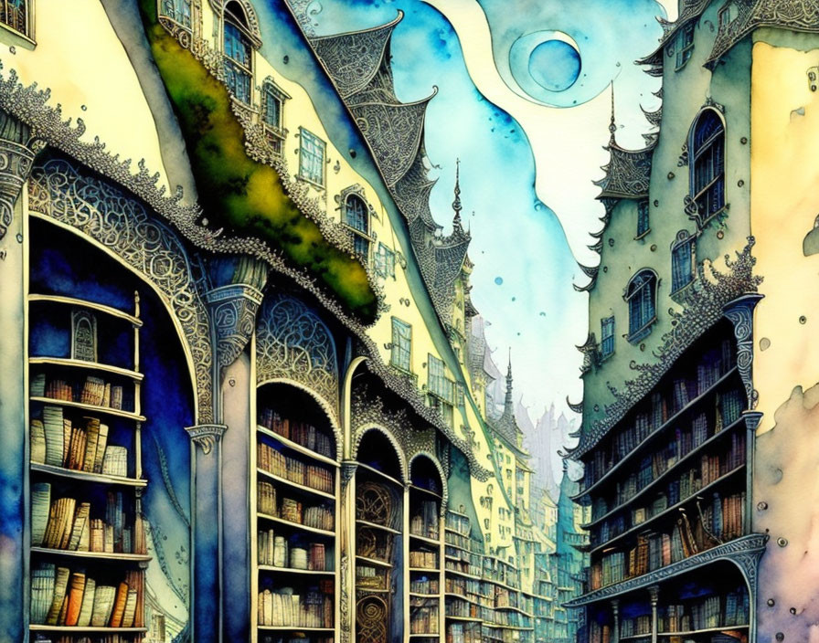 Fantasy cityscape with towering book-lined buildings and whimsical moon