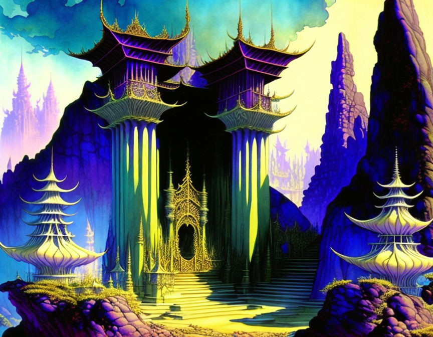 Vivid Fantastical Landscape with Ornate Architecture