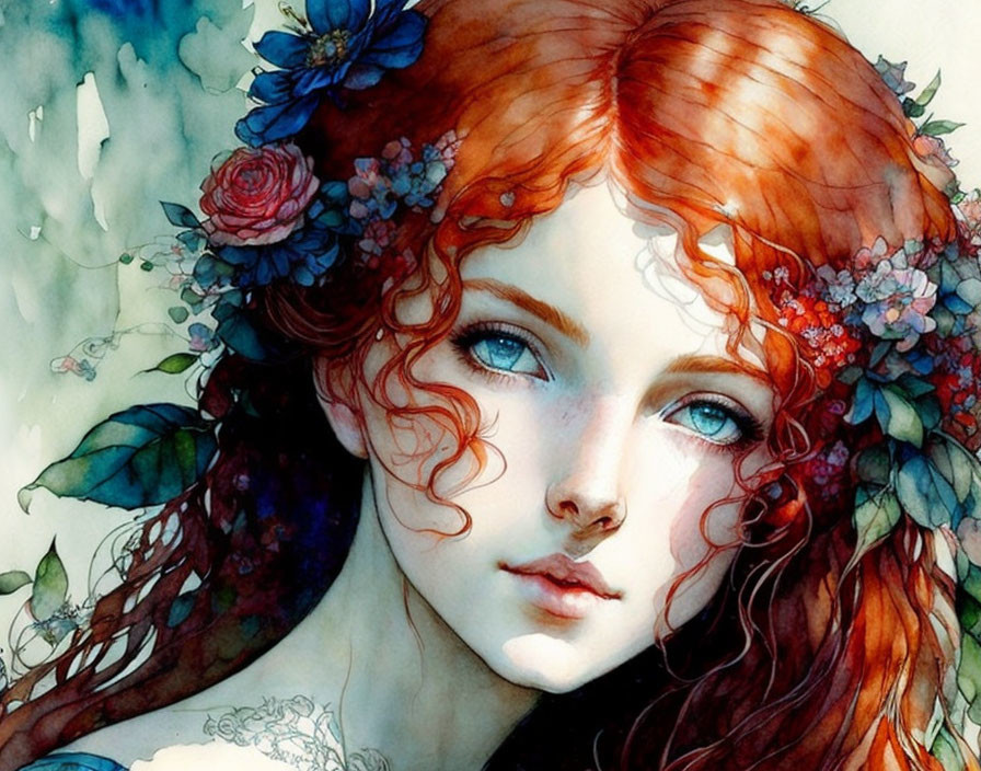 Vibrant watercolor illustration of a woman with red hair and flowers.