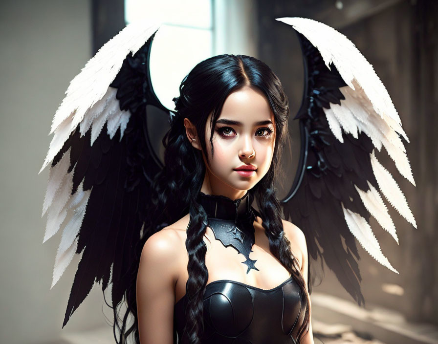 Dark-haired woman in braids with black outfit and feathered wings