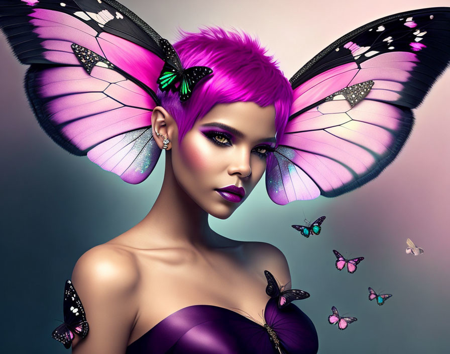 Digital artwork: Woman with purple hair, butterfly wings, and dress, surrounded by butterflies on soft background