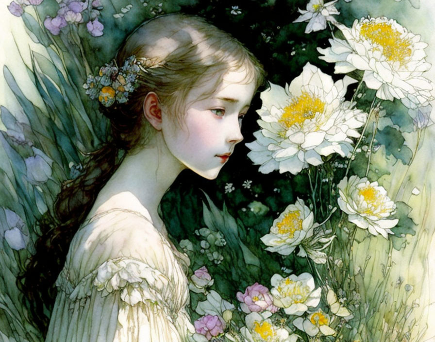 Young girl surrounded by white flowers in dreamy setting