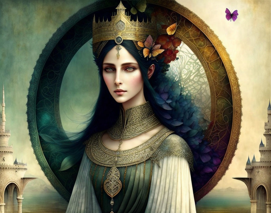 Fantasy lady with crown and halo, castles and butterfly in background