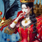 Illustrated woman in red and gold attire with golden dragon on blue backdrop