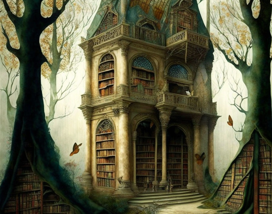 Whimsical treehouse library surrounded by forest trees and books, with fluttering butterflies.