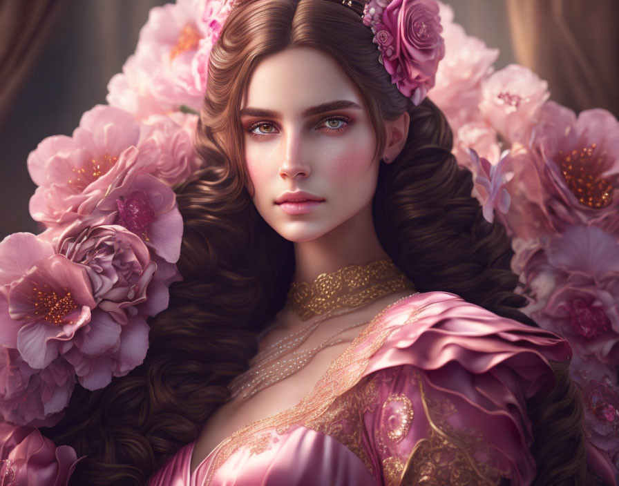 Portrait of woman with pink floral adornments and blue eyes in vintage dress