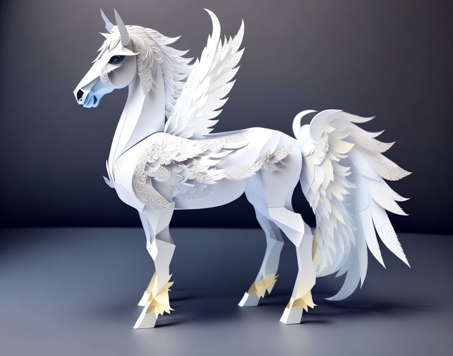 Majestic white paper-craft style Pegasus with golden hooves