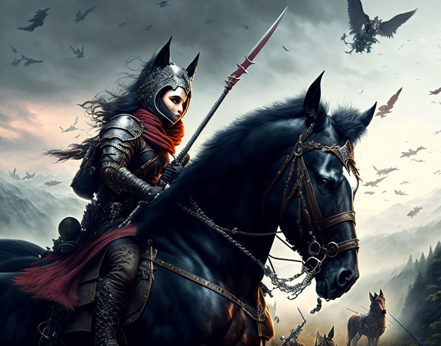 Female warrior in medieval armor on black horse with spear, crows, misty mountains