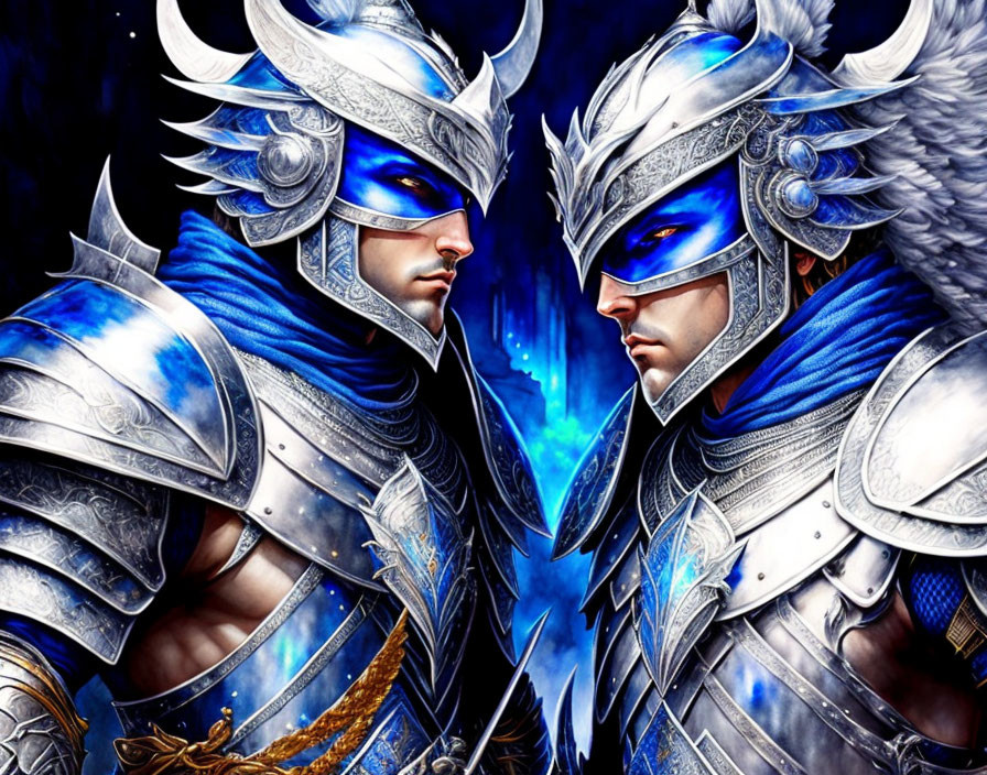 Blue and silver armored fantasy warriors in dark, starry setting