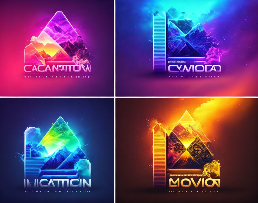 Neon logos: Mountain, skyscraper, iceberg, cityscape