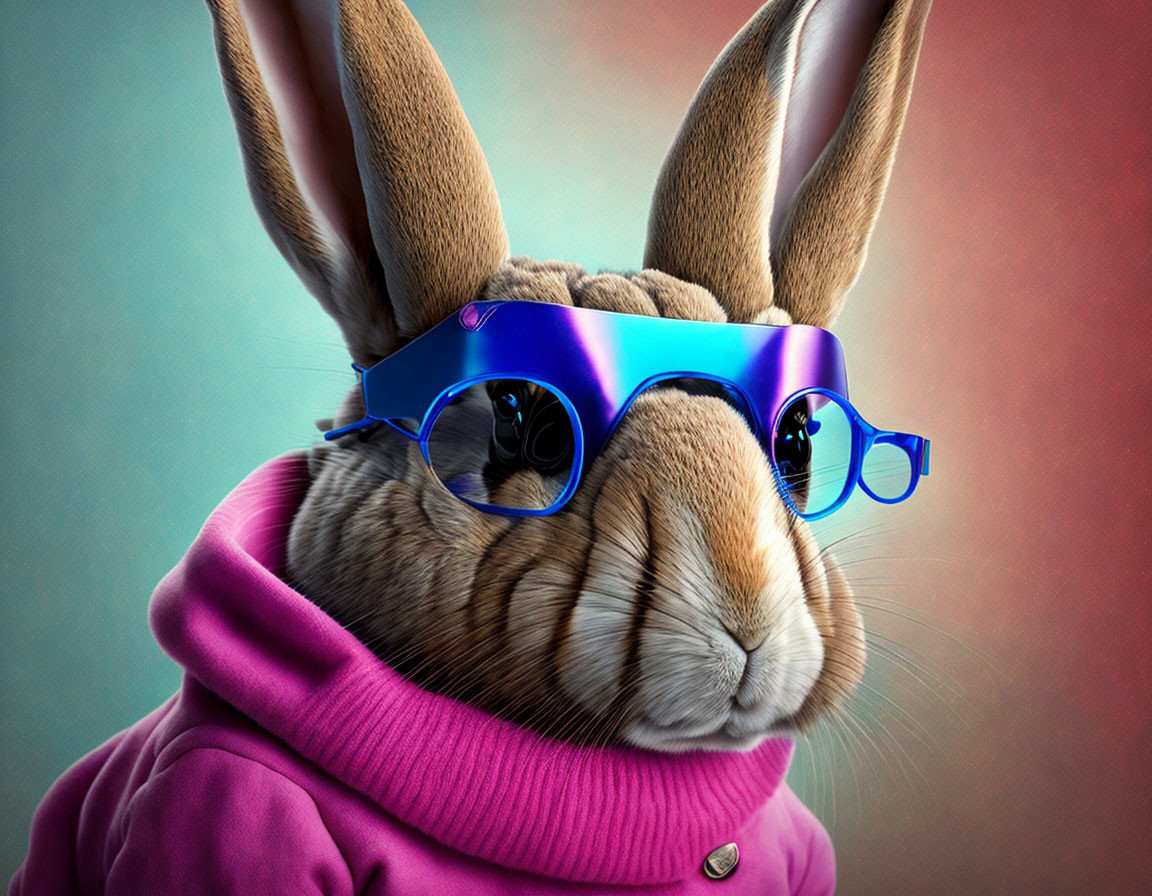 Stylized rabbit with humanoid face in pink hoodie and futuristic glasses