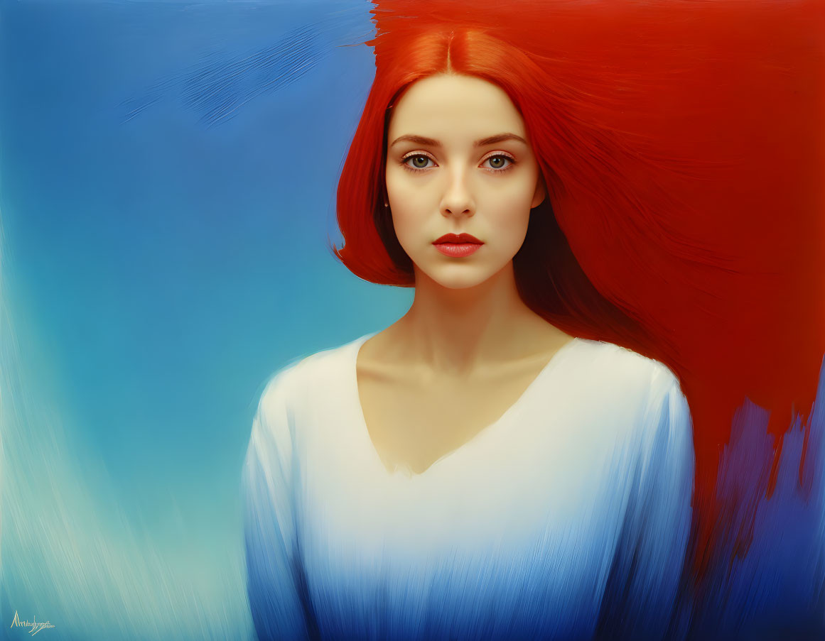 Vibrant red-haired woman in surreal portrait against blue and red background