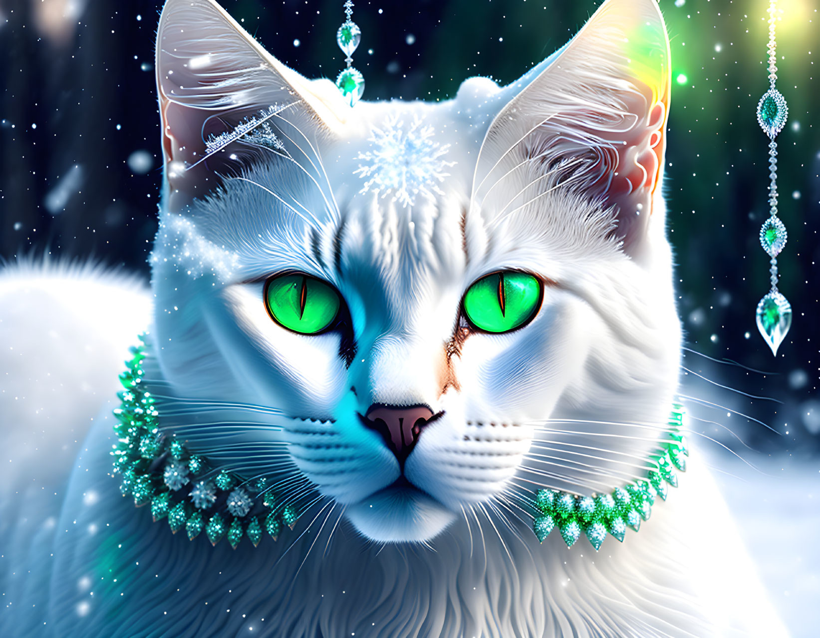 White Cat with Green Eyes and Festive Winter Jewelry in Snowflake Scene