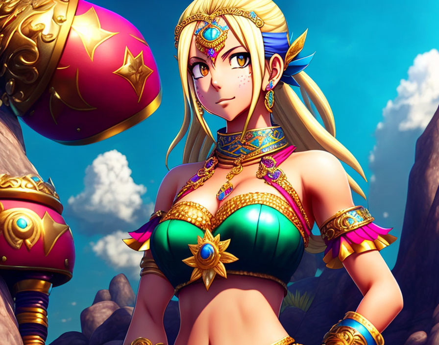 Golden-haired animated female character in ornate jewelry and green top against rocky backdrop.