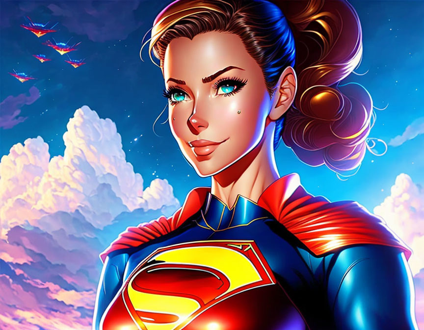 Superhero woman in "S" emblem costume against vibrant sky