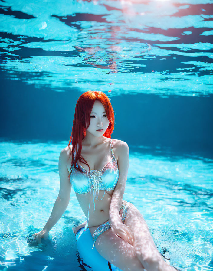 Red-haired woman in bikini poses in clear blue pool under sunlight