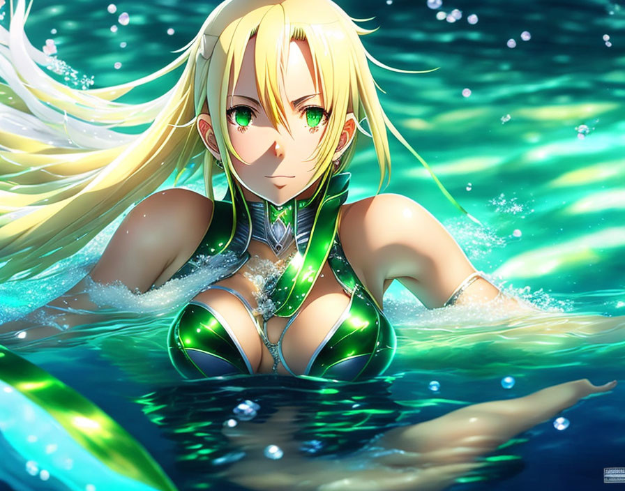 Blonde Anime Character in Green Outfit Floating in Blue Water