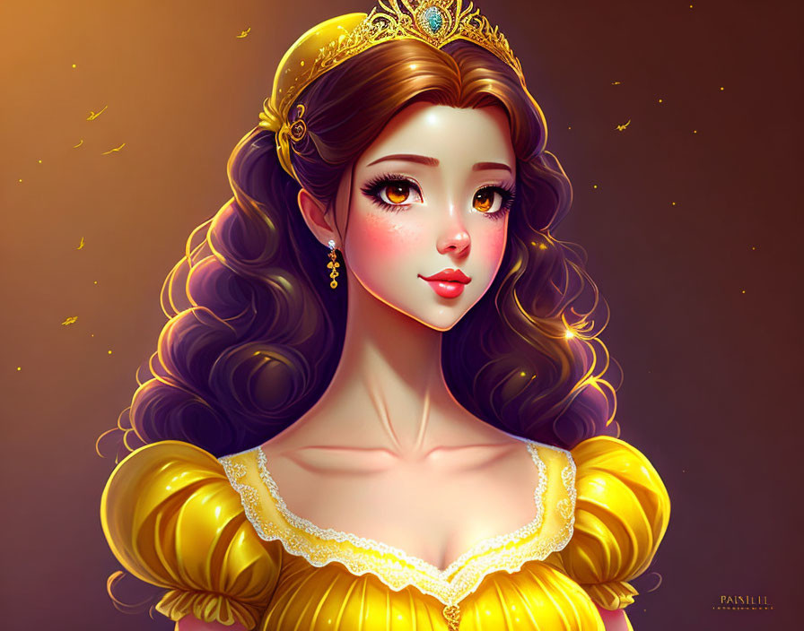 Princess illustration with large eyes and golden tiara