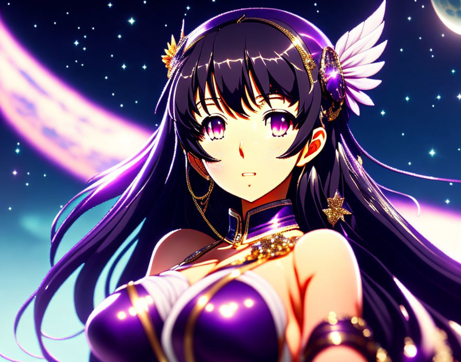 Long-haired character in star outfit against night sky