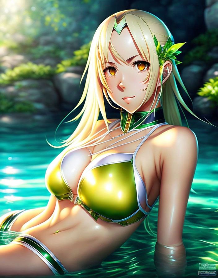 Blonde-Haired Character in Green Bikini by Water and Rocks