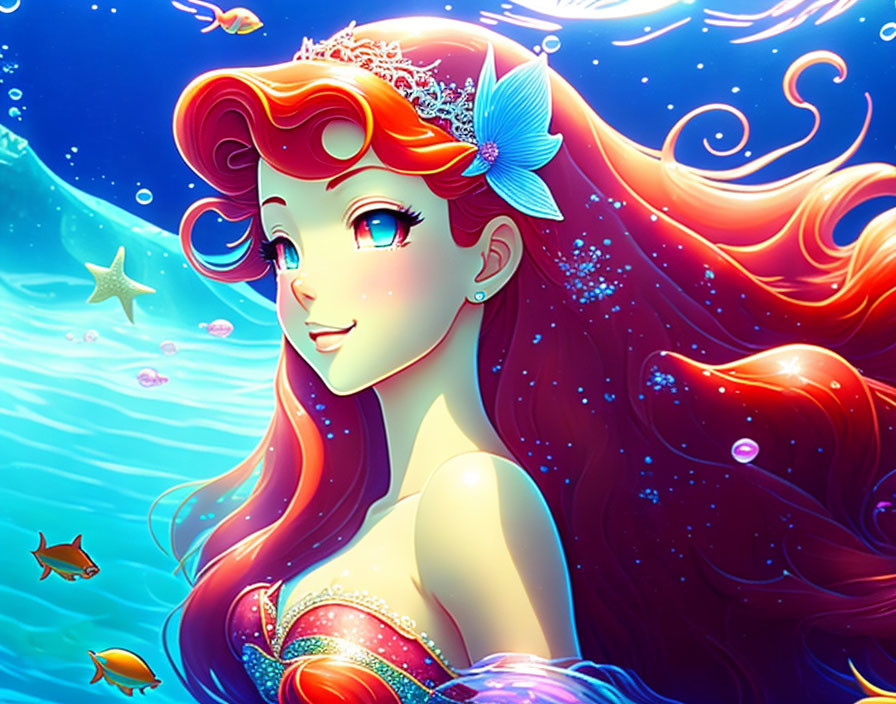 Red-haired mermaid with blue tiara and fish in underwater scene