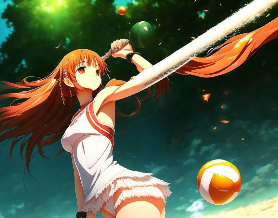 Animated character with long orange hair playing volleyball under vibrant green tree canopy