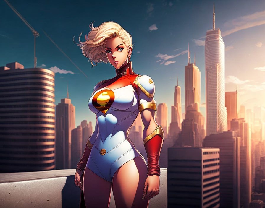 Blonde Female Superhero in Colorful Costume on Rooftop