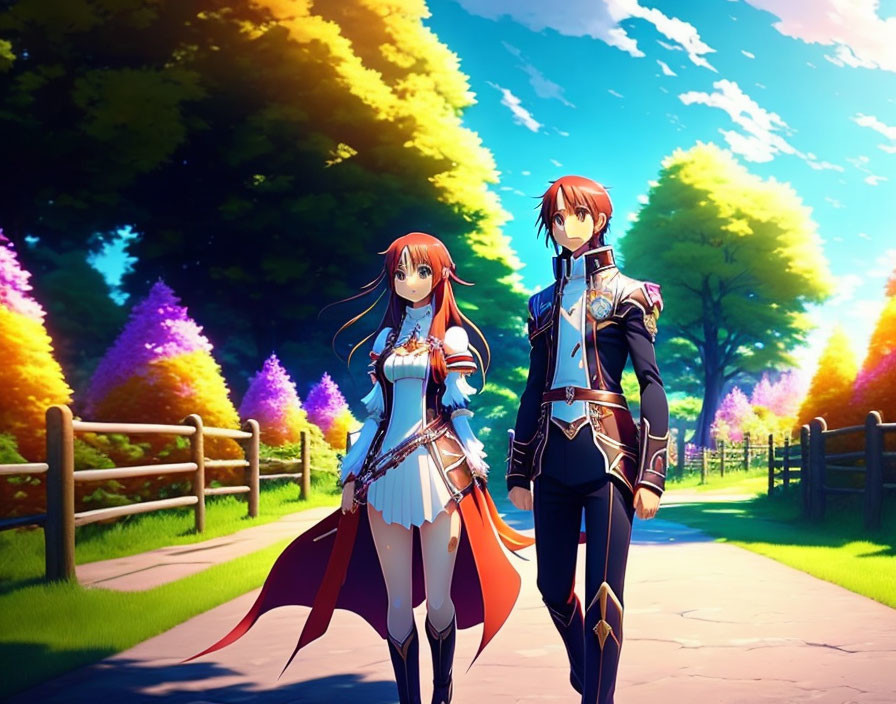 Fantasy armor-clad male and female characters on pathway with vibrant trees.