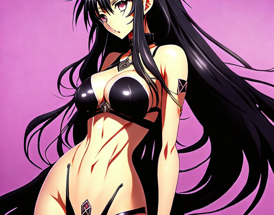 Female anime character: Long black hair, green eyes, black bikini, pink background