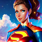 Superhero woman in "S" emblem costume against vibrant sky