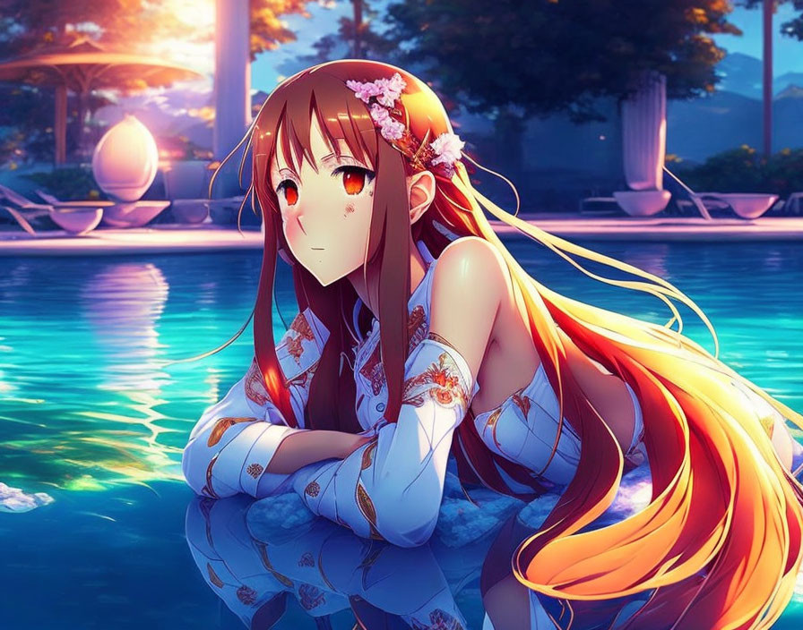 Long Red-Haired Animated Girl by Tranquil Twilight Pool