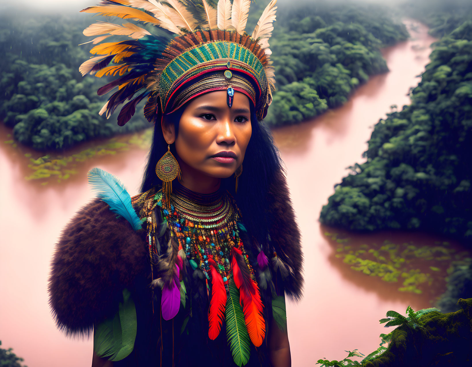 Traditional Adorned Person by Scenic River Landscape