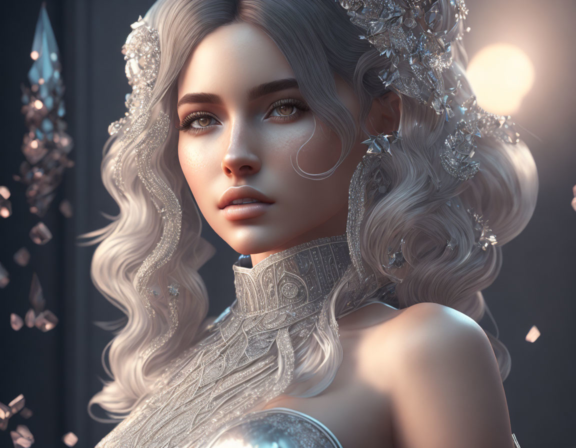 3D rendered image of woman with pale skin and grey eyes in silver jewelry and tiara on dark