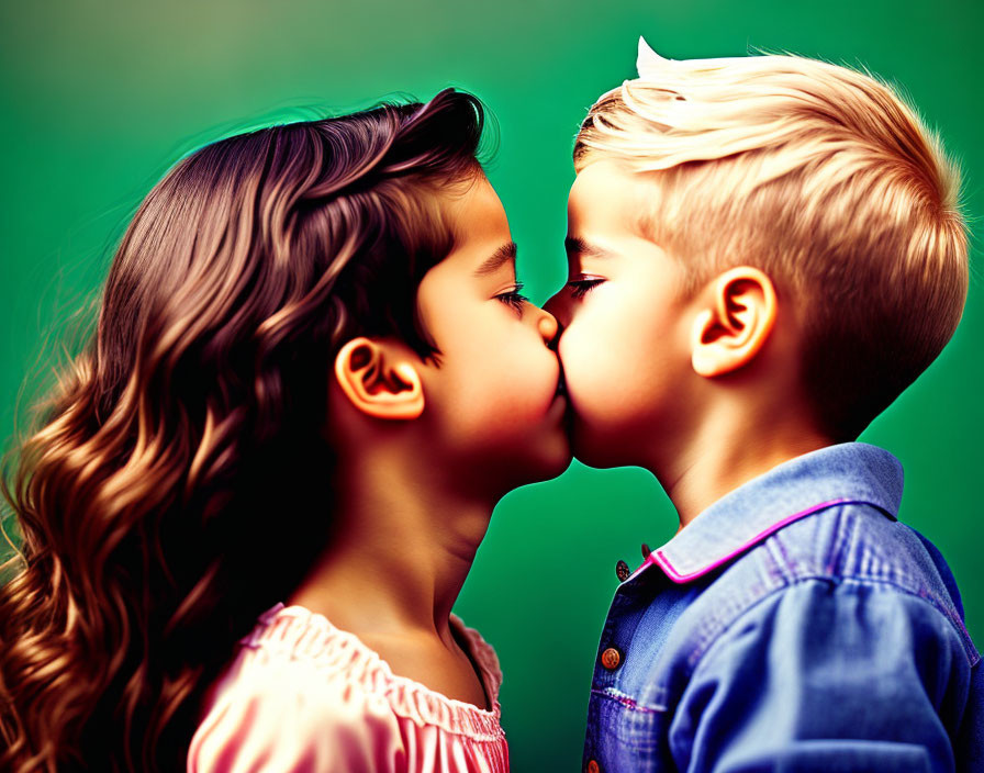 Young children sharing a gentle kiss on lips, girl with curly hair and boy with blonde hair, on