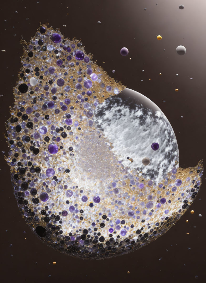 Sphere with Half-Moon Texture, Gold and Purple Bubbles on Dark Background