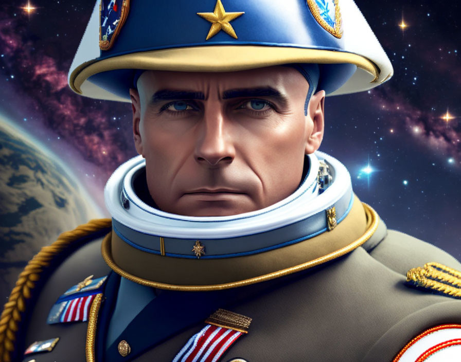 Stylized male astronaut in military uniform with space helmet in cosmic scene