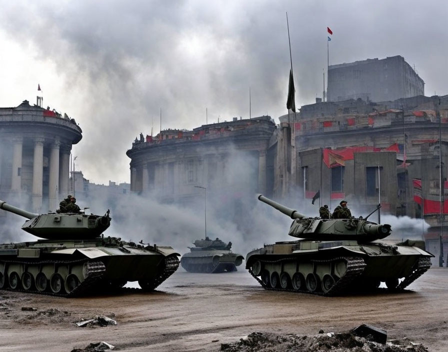 Military tanks in urban area with smoke and damaged buildings.
