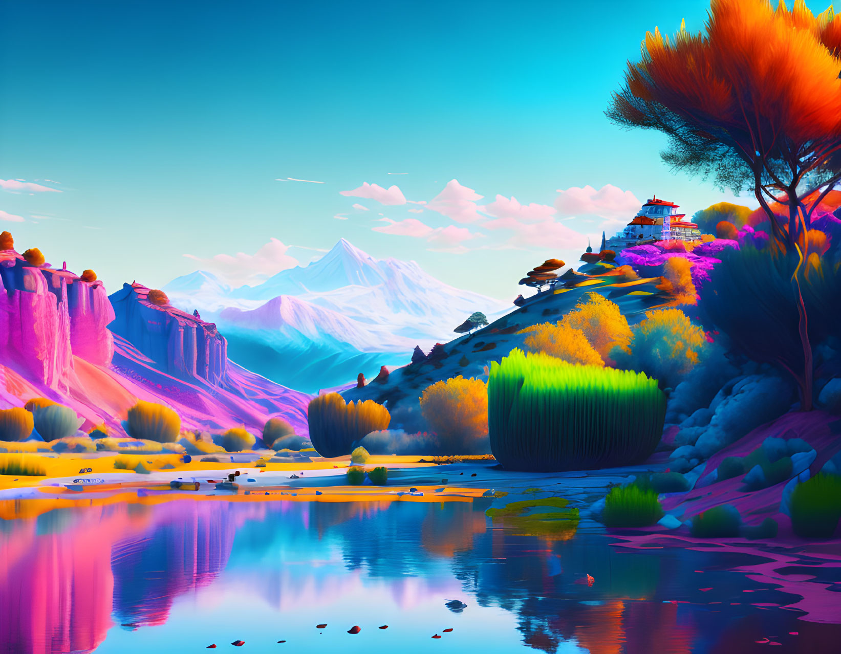 Colorful surreal landscape with reflective lake, vibrant foliage, distant mountains, and hilltop temple.