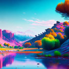 Colorful surreal landscape with reflective lake, vibrant foliage, distant mountains, and hilltop temple.