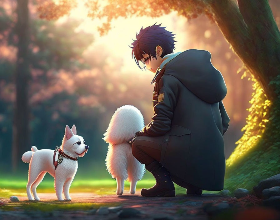 Young person in black coat petting white dog in sunlit forest