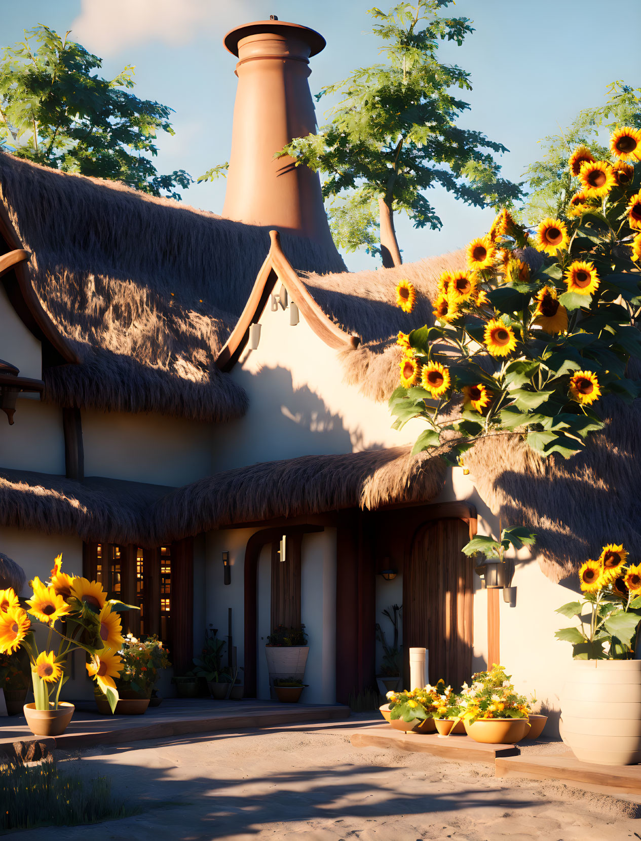 Thatched Roof Cottage Among Sunflowers at Sunset