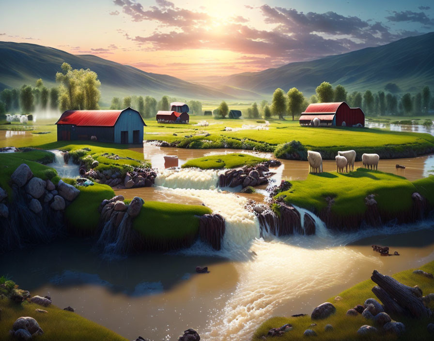 Tranquil rural sunrise scene with red barns, grazing sheep, rivers, and mist over green