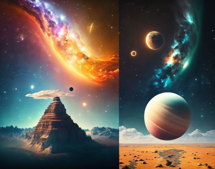 Celestial scenes with planets and surreal desert landscape